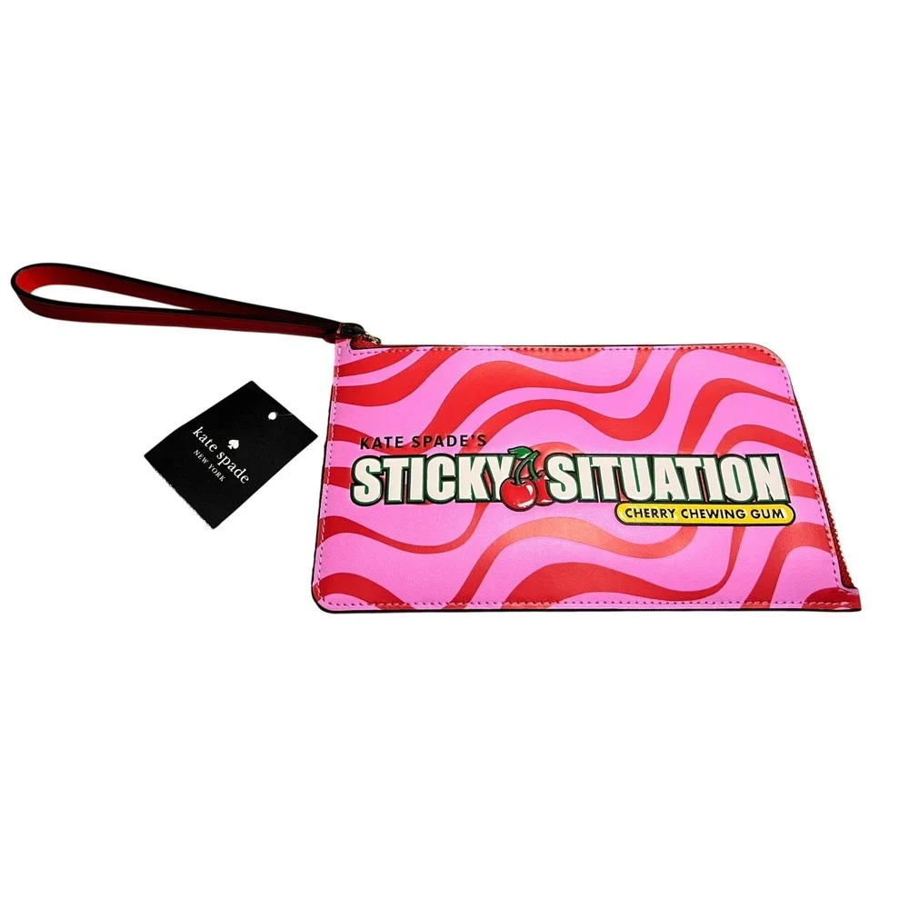 Kate Spade Sticky Situation Cherry Chewing Gum Pink Red Wavy Wristlet Pouch NEW